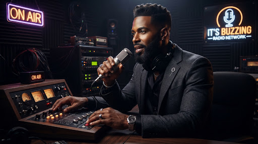 A cinematic, high-fashion portrait of radio host Minister Aaron Brooks in a moody dark radio broadcast studio, illuminated by soft ultraviolet and amber studio rim lights, holding a vintage microphone with glowing dials in background, 8k hyper-realistic audio aesthetics